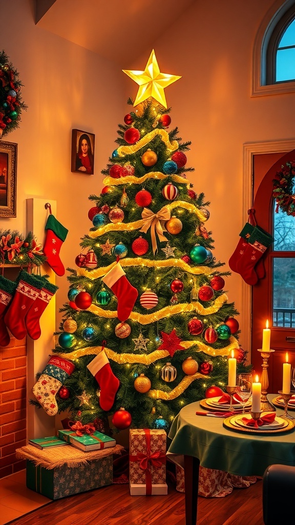 A vibrant Christmas tree with colorful ornaments and lights, surrounded by festive decorations.
